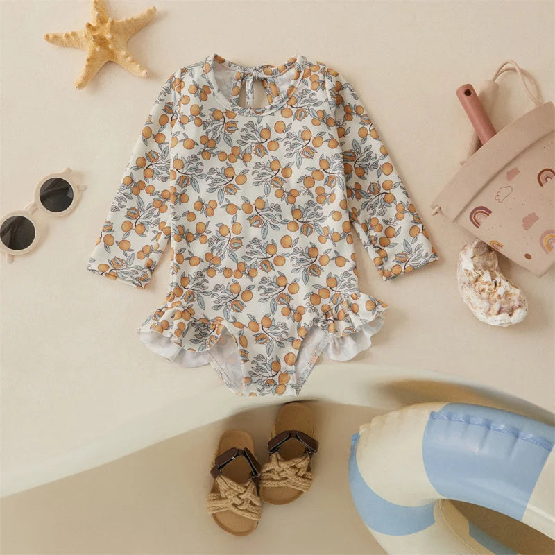 Tregren Kids Girl Summer Swimsuit Floral Print Long Sleeve Ruffle Jumpsuit Swimwear Bathers Bathing Suit Swimming Pool Beachwear