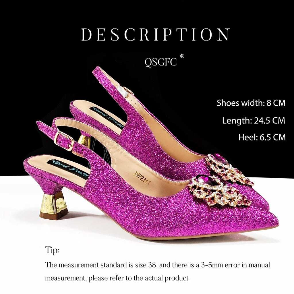 Hot Selling Elegant Noble Colorful Rhinestone Design White Color Party Wedding Pointed Toe High Heel Women Shoes and Bag Set