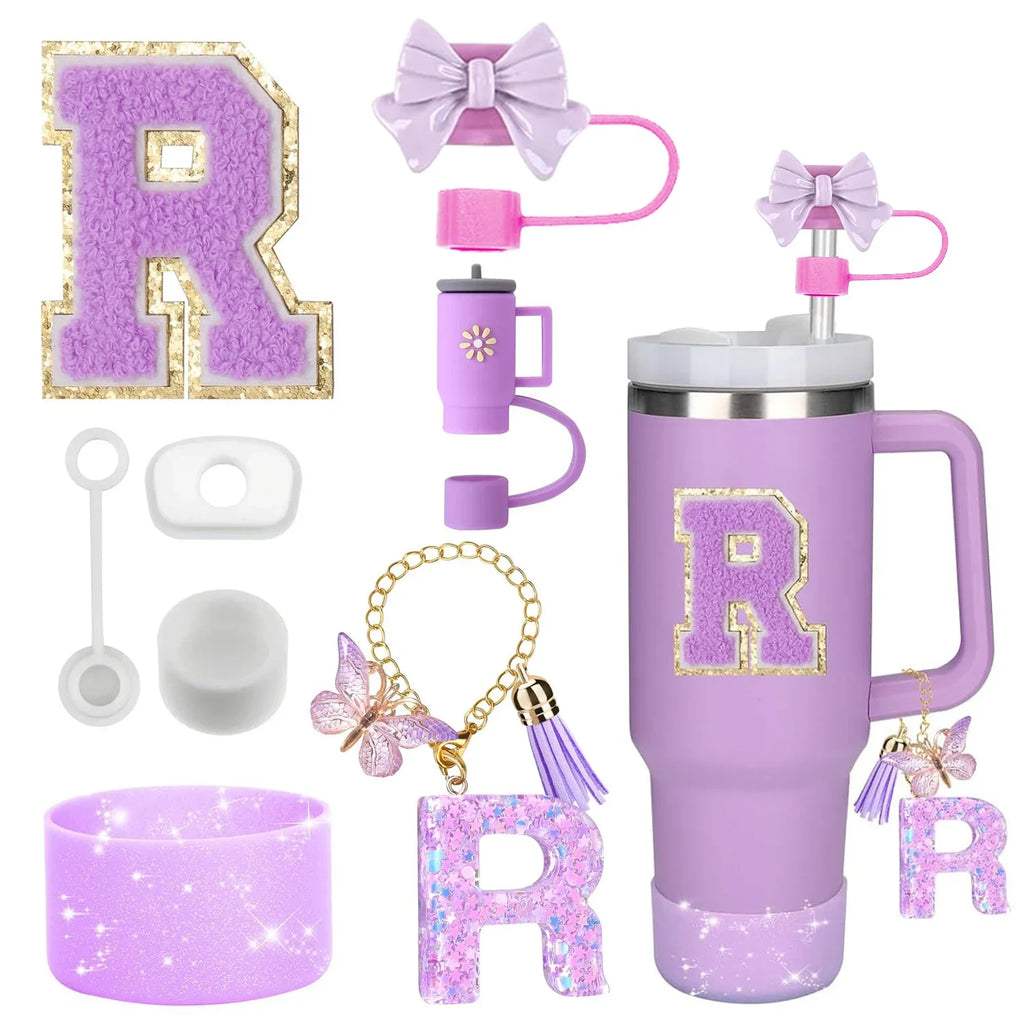 8PCS Accessories Set for Stanley Cup Purple 30oz 40oz tumbler Silicone Straw Topper Cover Cap Boot Handle Charm Initials Sticker