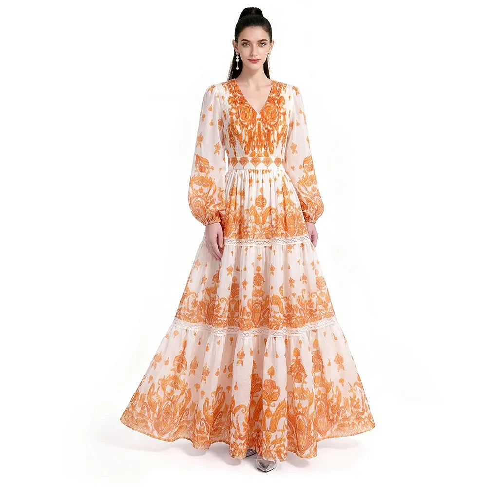 Vintage Floral Tiered Dress Women V Neck Puff Long Sleeve Belted Waist A Line Maxi Dress Spring Resort Wedding Guest Long Gown