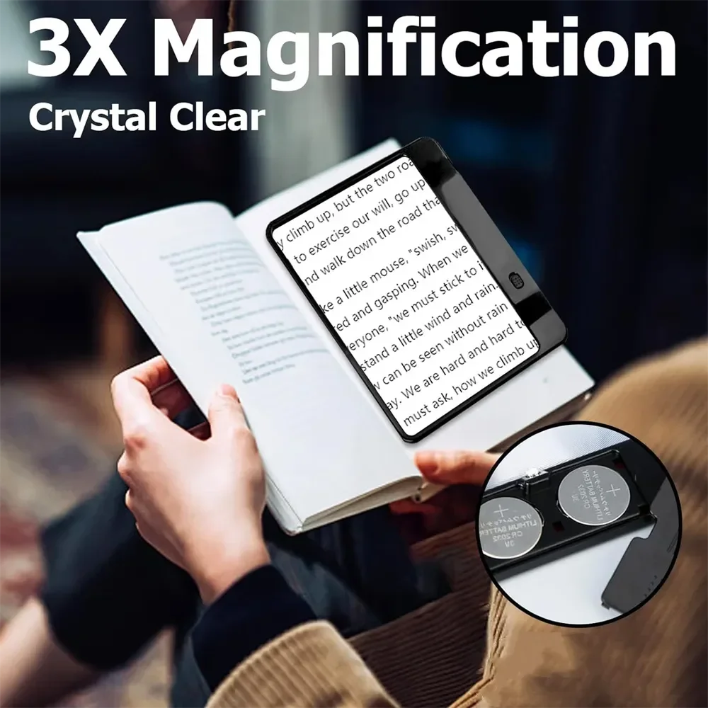 3X LED Magnifier Full Page Reading Sheet Lightweight for Seniors Kids Low Vision Craft Hobby Repair Books Newspaper