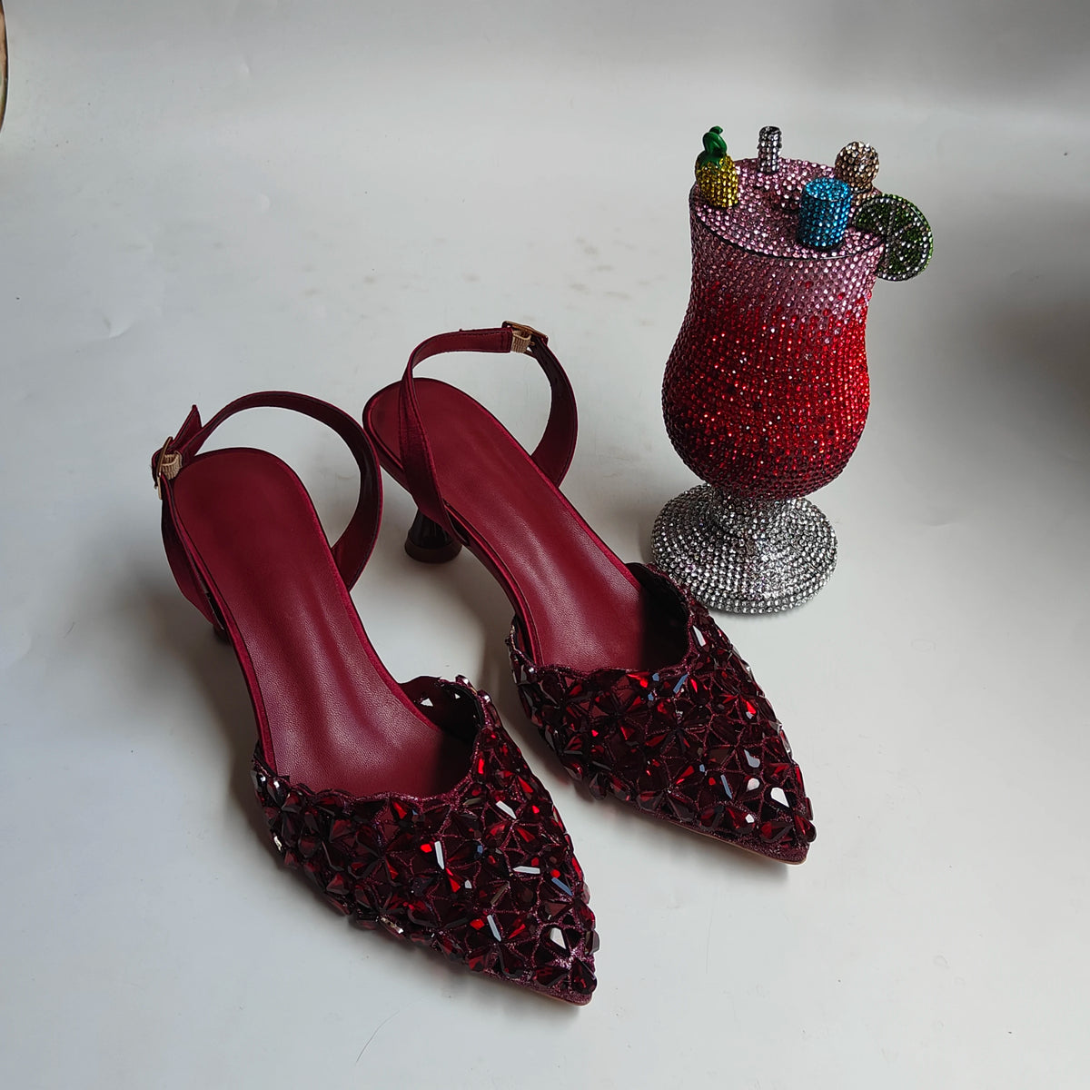 Insightlink Burgundy Rhinestone Slingback Heels Cocktail Glass Clutch Set Crystal Pointed Toe Shoes Bag for Party Wedding