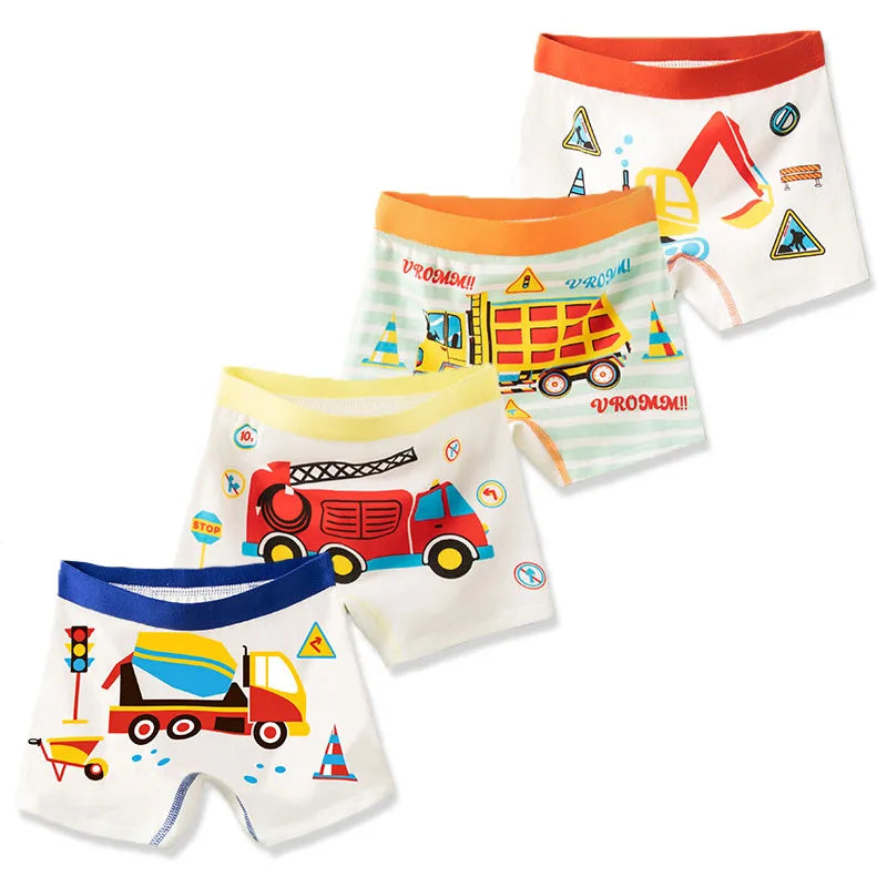 4-Piece Breathable Boy Boxer Brief High Quality Cotton Children Boxers Truck Car Dinosaur Colorful Patterns Kids Trunk Underwear
