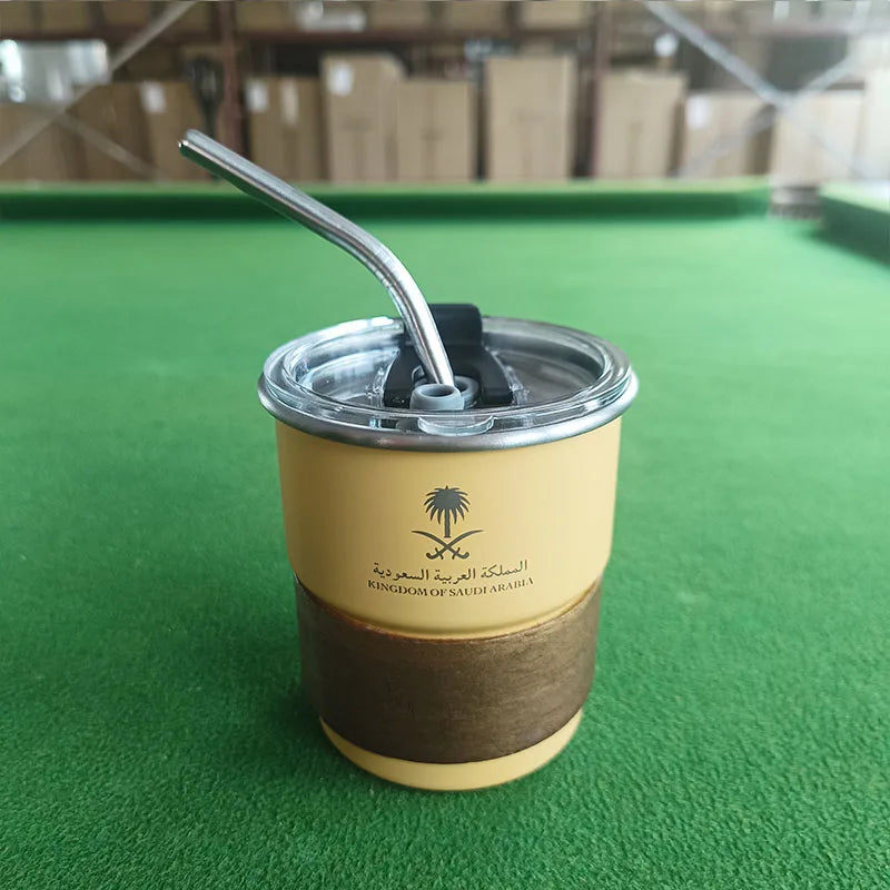 National Emblem of Saudi Arabia Logo Stainless Steel Cup Beer Mug with Lid wood 300ml Outdoor Camping Coffee Mug Includes straw
