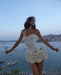 Sexy Sleeveless Strapless Fish Bone Tube Top 3D Flowers Mini Skirt 2 Piece Set Women Summer Elegant Birthday Party Evening Suit