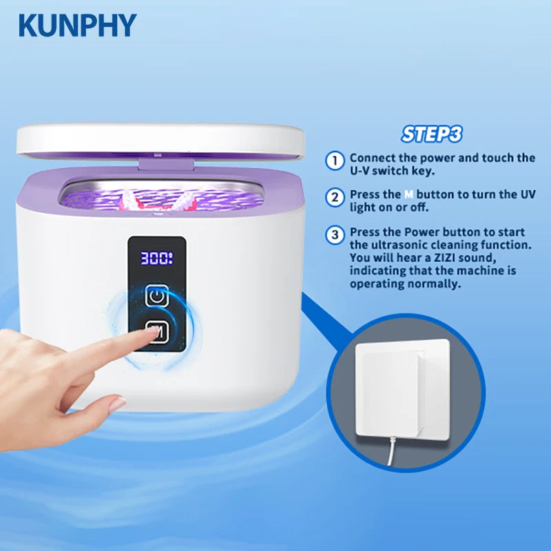 KUNPHY Portable Mini Household Dental Pod Ultrasonic UV Cleaner Machine for Dentures Aligner Retainer Whitening Trays Ring