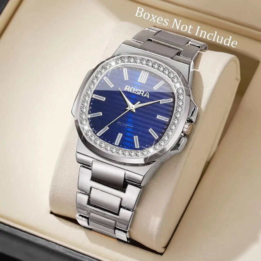 Fashion Square Men Business Watches Luxury Rhinestone Steel Band Male's Quartz Wristwatch Reloj Hombre（Without Box）