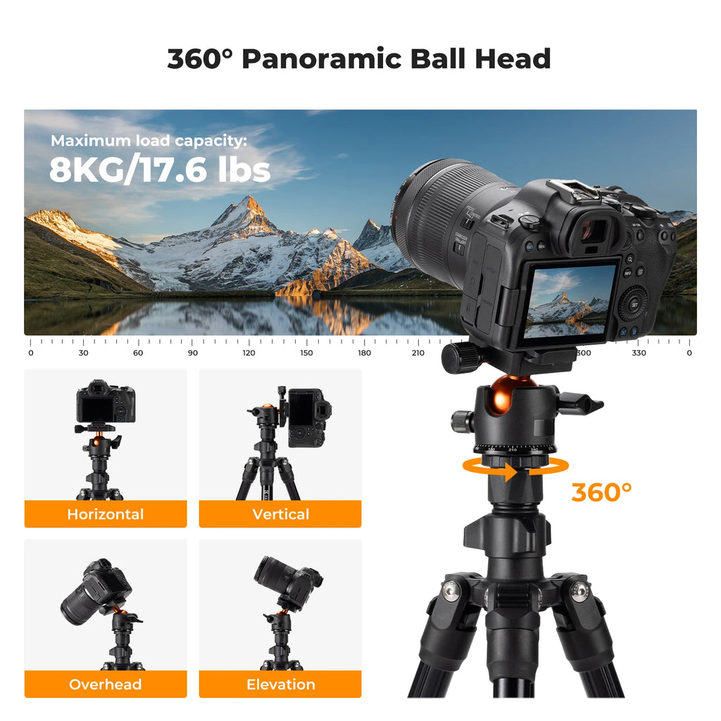 K&F CONCEPT Camera Tripod Rotatable 76.7 inch Multi-Angle Center Column Lightweight Travel DSLR 8kg/17.6lbs Load BallHead Tripod