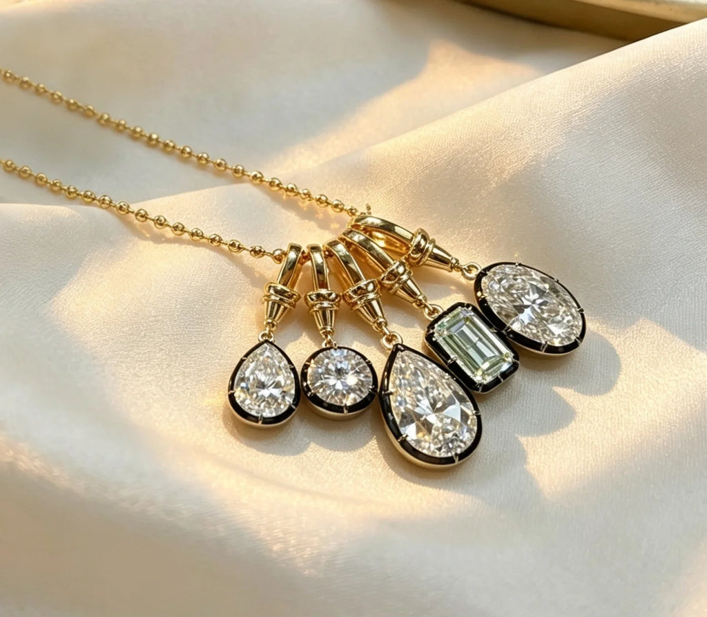 2026 Chic Black Gold Teardrop Oval Round Emerald Diamond Pendant Chain Stainless Steel Necklace Gothic Edgy Unisex Women Jewelry