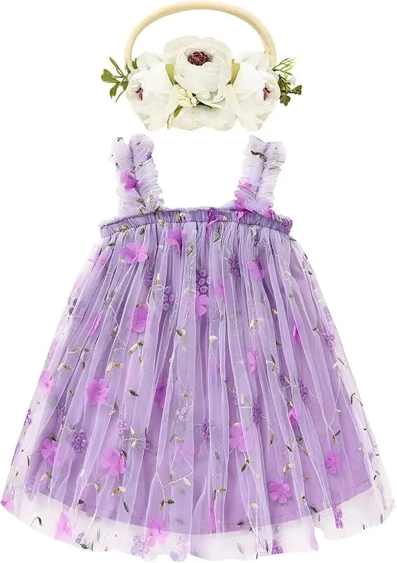 Baby Girl Sleeveless 3D Butterfly Floral Embroidery Ruffle Tulle Dress Toddler Birthday Party Tulle Dress with Headband