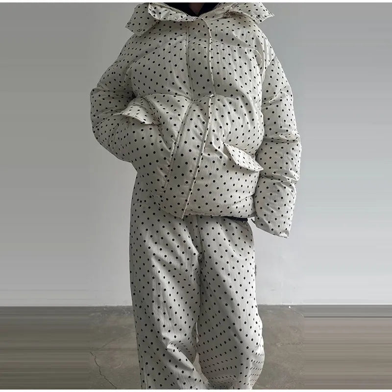 Fashion Women's Stripe Cotton Padded Coat Pant Set Loose Full Sleeve Hooded Zipper Jacket Elastic Waist Pants 2026 Winter Suits