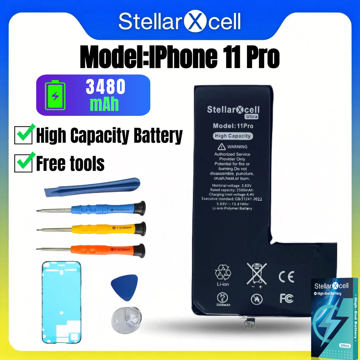 StellarXcell Ultra Original Battery High Capacity Cell for iPhone 7037 TI for 11 12 13 14 15 Pro Plus promax mini with Free Tool