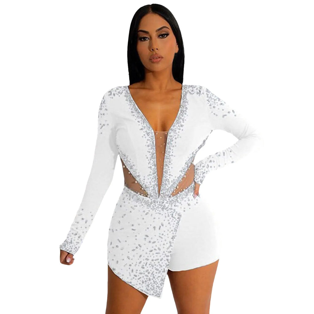 Women Glitter Rhinestone Sequins Formal Romper Clubwear Party Long Sleeve Deep V-Neck Mesh Sexy Playsuit One-Piece Jumpsuit