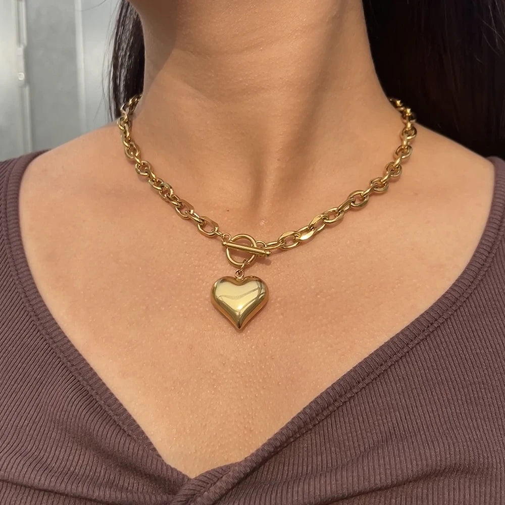 New Design Stainless Steel Puffy Heart Pendant Necklaces For Women Toggle Choker Necklaces Fashion Jewelry