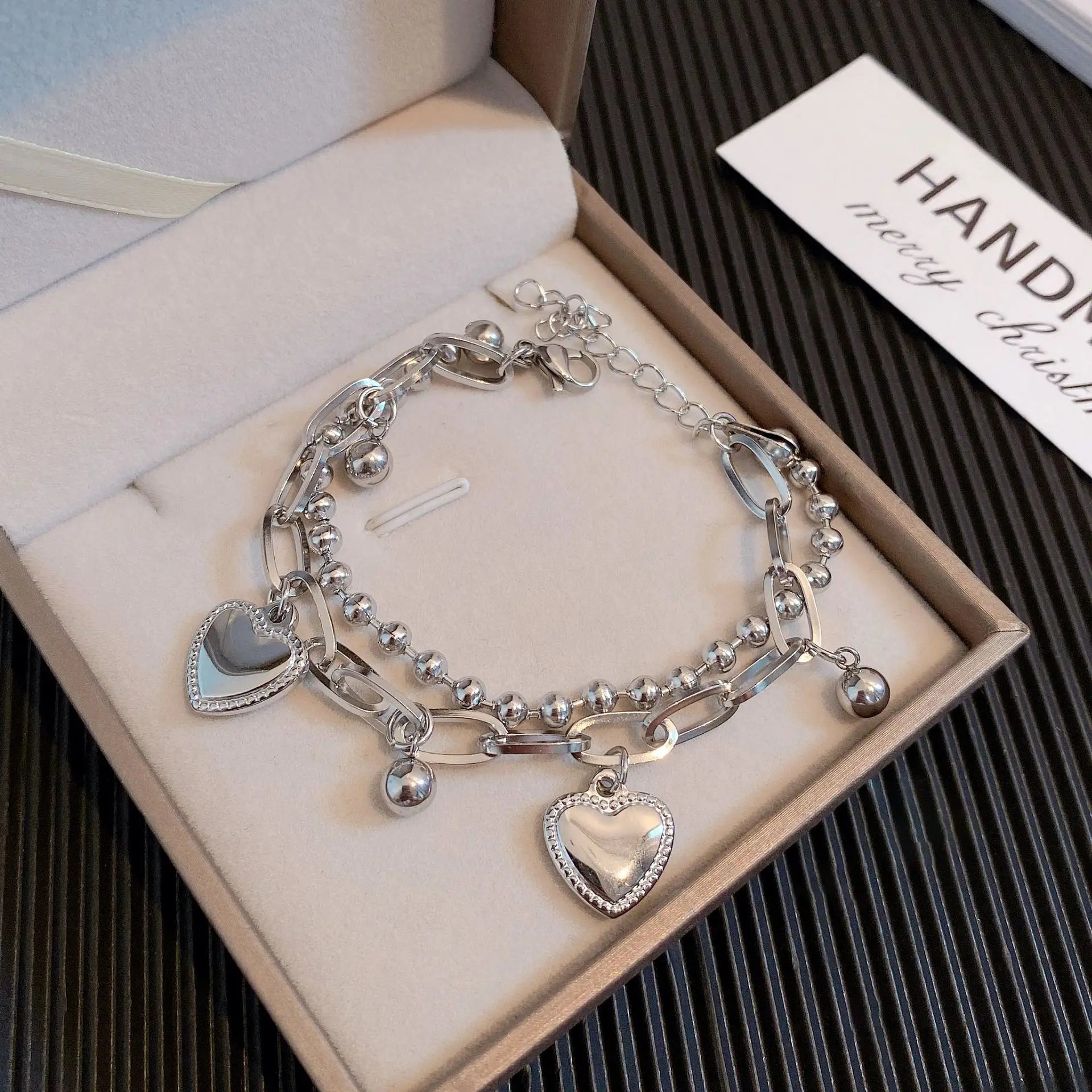 Ins Double-layers Korean Heart Tassel Bracelets for Women Sliver Love Thick Chain Beaded Bangle Hiphop Bracelet Jewelry Gift