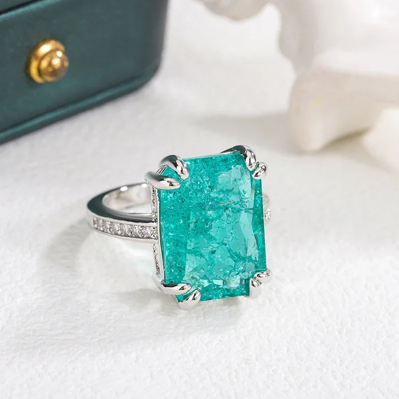 925 Silver Plated Exquisite Blue Green Moissanite Ring Fire Sparkling Luxury Open Ring Female Party Birthday Jewelry Gift