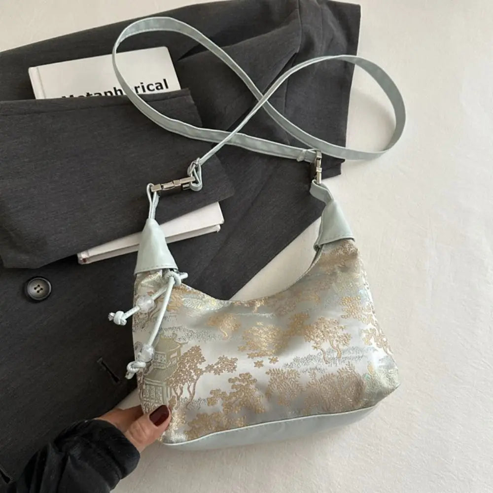 Luxury Embroidery Shoulder Bag Nylon Texture Small Armpit Bag Pearl Pendant Bucket Handbag Women Girl