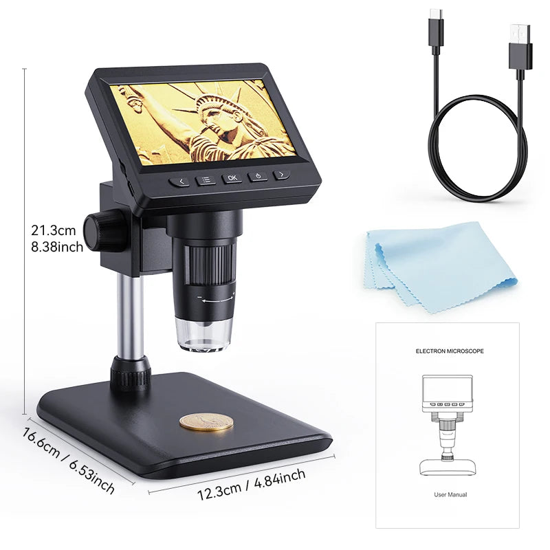 Digital Microscope with 4.3inch IPS Screen 1600X Coin Microscope 2MP USB Professional Electron Microscopios for Watch PCB Repair