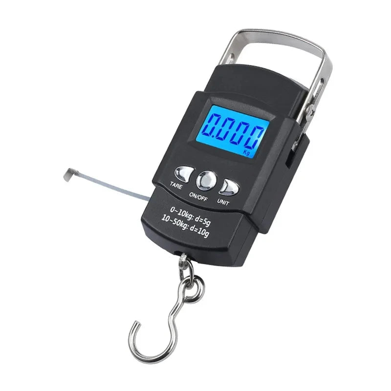 50kg/10g Portable LCD Electronic Hand Scale Travel Hanging Scale with100cm Long Retractable Measuring Tape Weigh Fish Vegetables