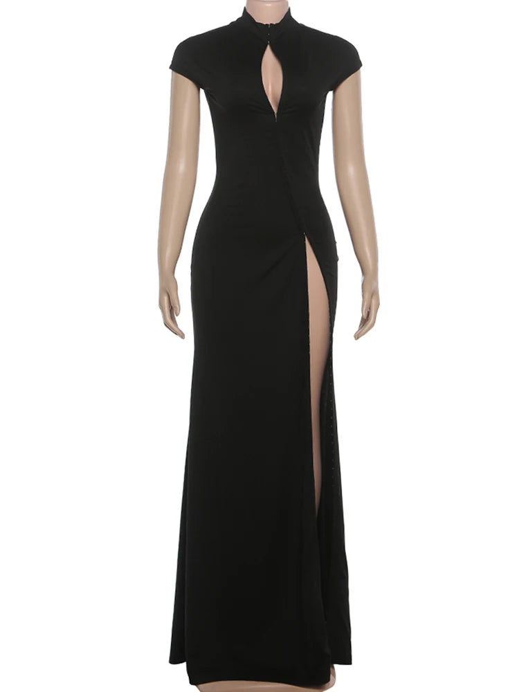 Kliou Sexy High Splits Solid Long Dress Woman Half High Collar Short Sleeve Hollow Design Midnight Club Party Elegant Vestidos