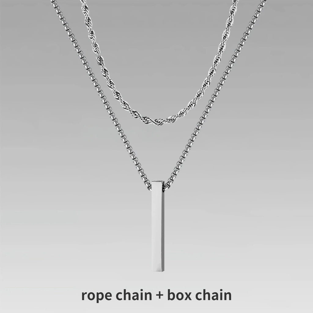 Vnox 3D Vertical Bar Necklaces for Men, Layering Stainless Steel Geometric Pendant, Layered Wheat Rope Cuban Chain, Boy Collar