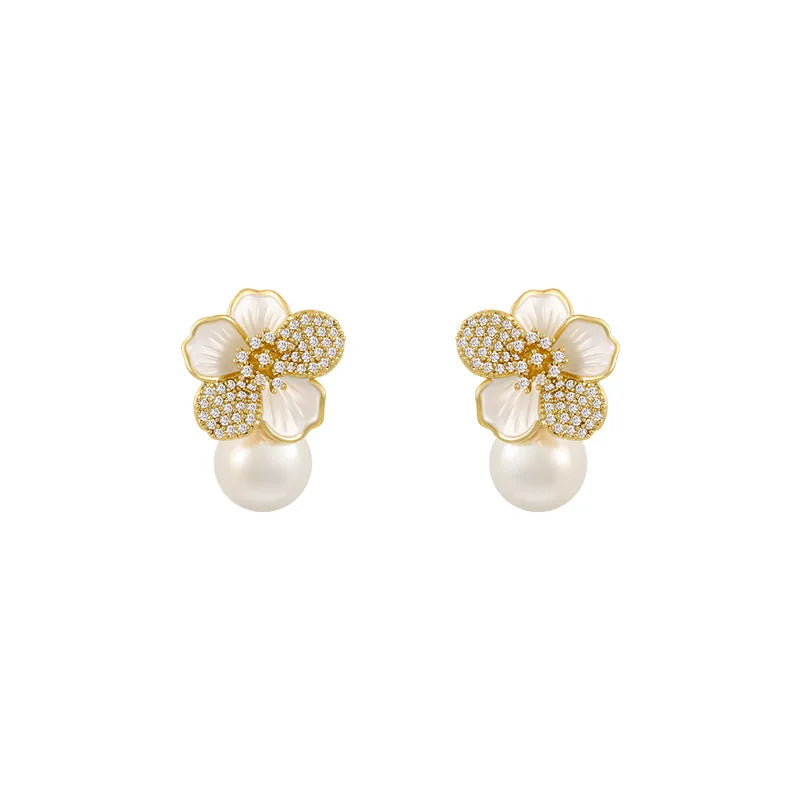 ZAKOL Luxury Micro Set Zircon White Enamel Camellia Pearl Pendant Earrings for Women Exquisite Party Ear Accessories