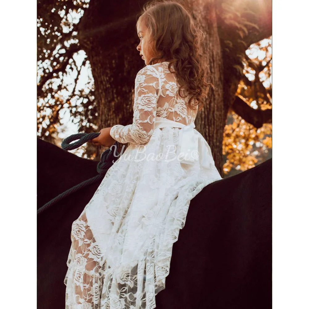 Girls Spring Summer Princess Dress with Lace Rose Embroidery Long Sleeve and Bow Belt