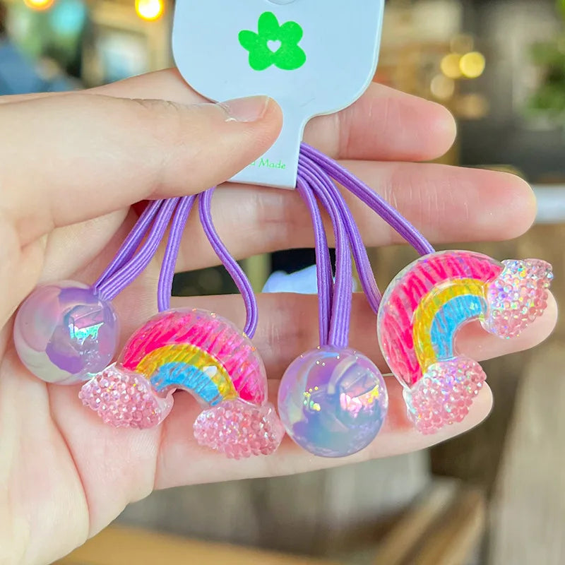 2PCS Colorful Hand-painted Graffiti Fruits Girls Kids Elastic Hair Bands Cute Hair Accessories Children Hair Ties Baby Headwear