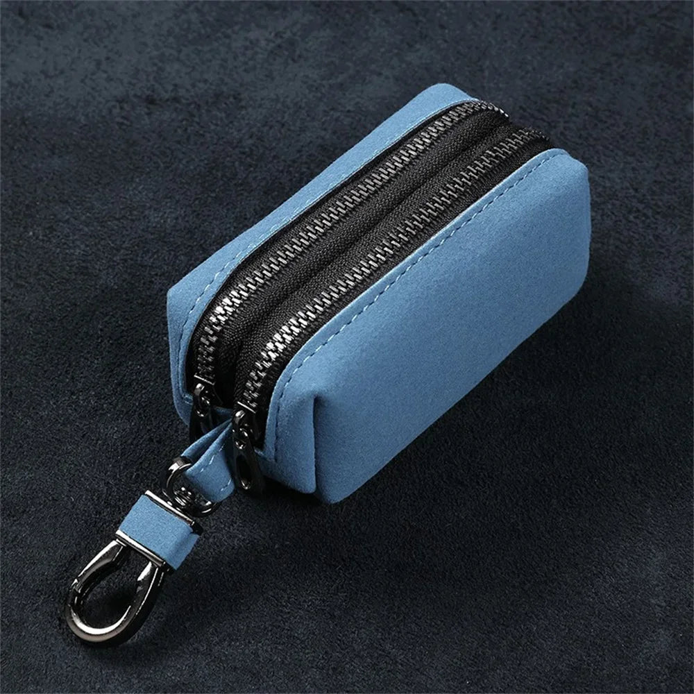Portable Keychain Wallet for Men Women Large-Capacity Double Zipper Key Pouch Bag Suede Leather Key Case Unisex Coin Purse