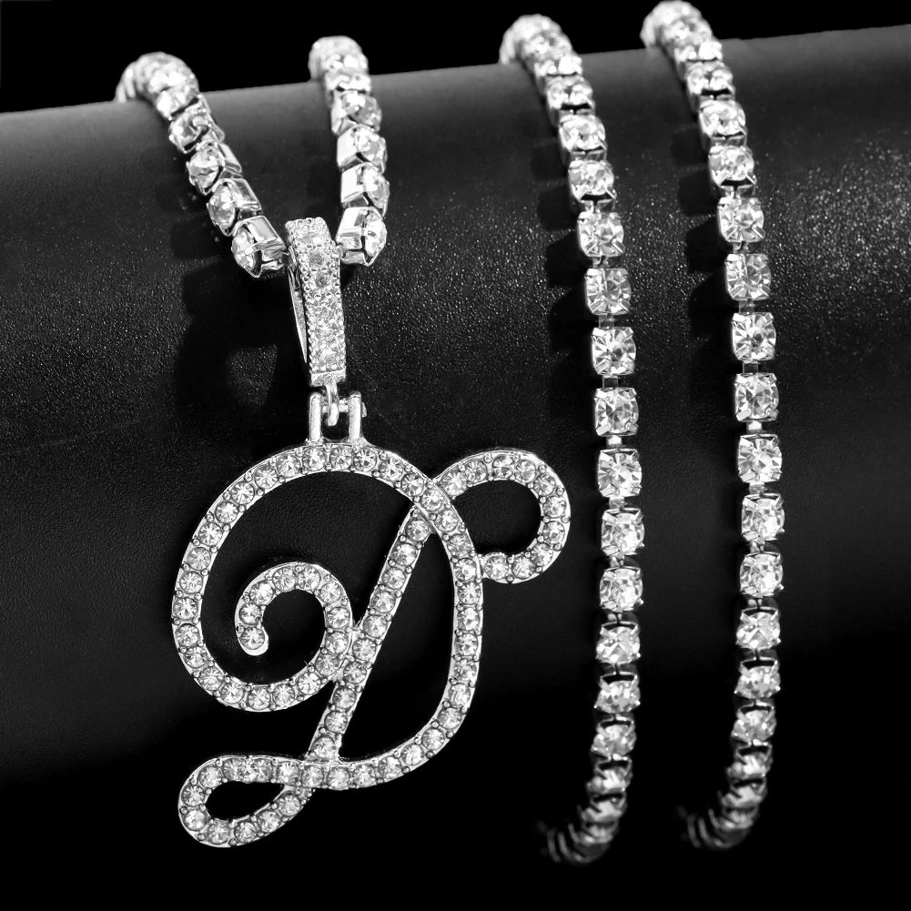 Flatfoosie Fashion A-Z Cursive Letter Crystal Chain Necklace For Women Bling Iced Out Initial Pendant Necklace Hip Hop Jewelry