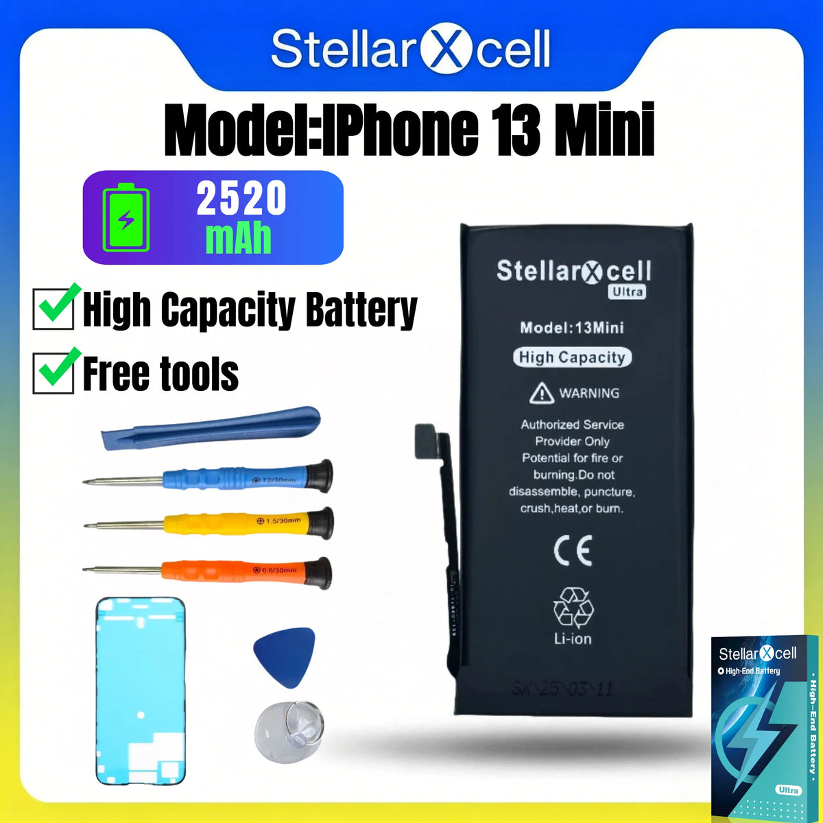 StellarXcell Ultra Original Battery High Capacity Cell for iPhone 7037 TI for 11 12 13 14 15 Pro Plus promax mini with Free Tool