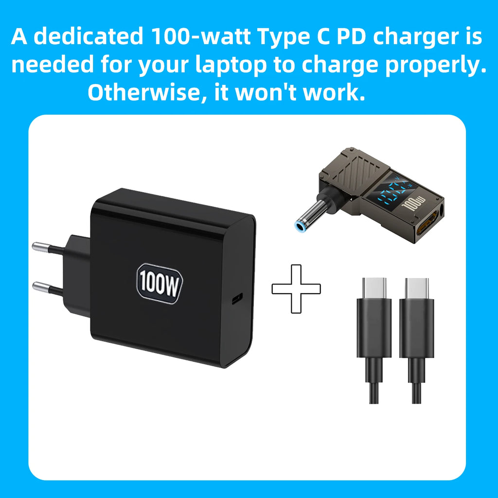 LED Display PD 100W Laptop Power Supply Adapter Charger Connector USB Type C PD to DC Jack Plug Converter for Lenovo Hp Dell