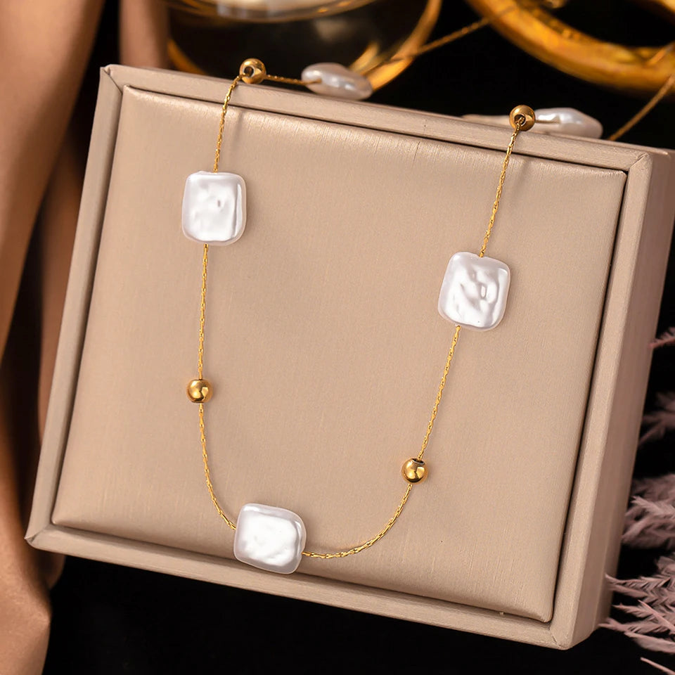 Yupsk 316L Stainless Steel Double Layer Pearl Choker Necklace for Women 2in1 Chains Necklaces Bridal Wedding Party Jewelry