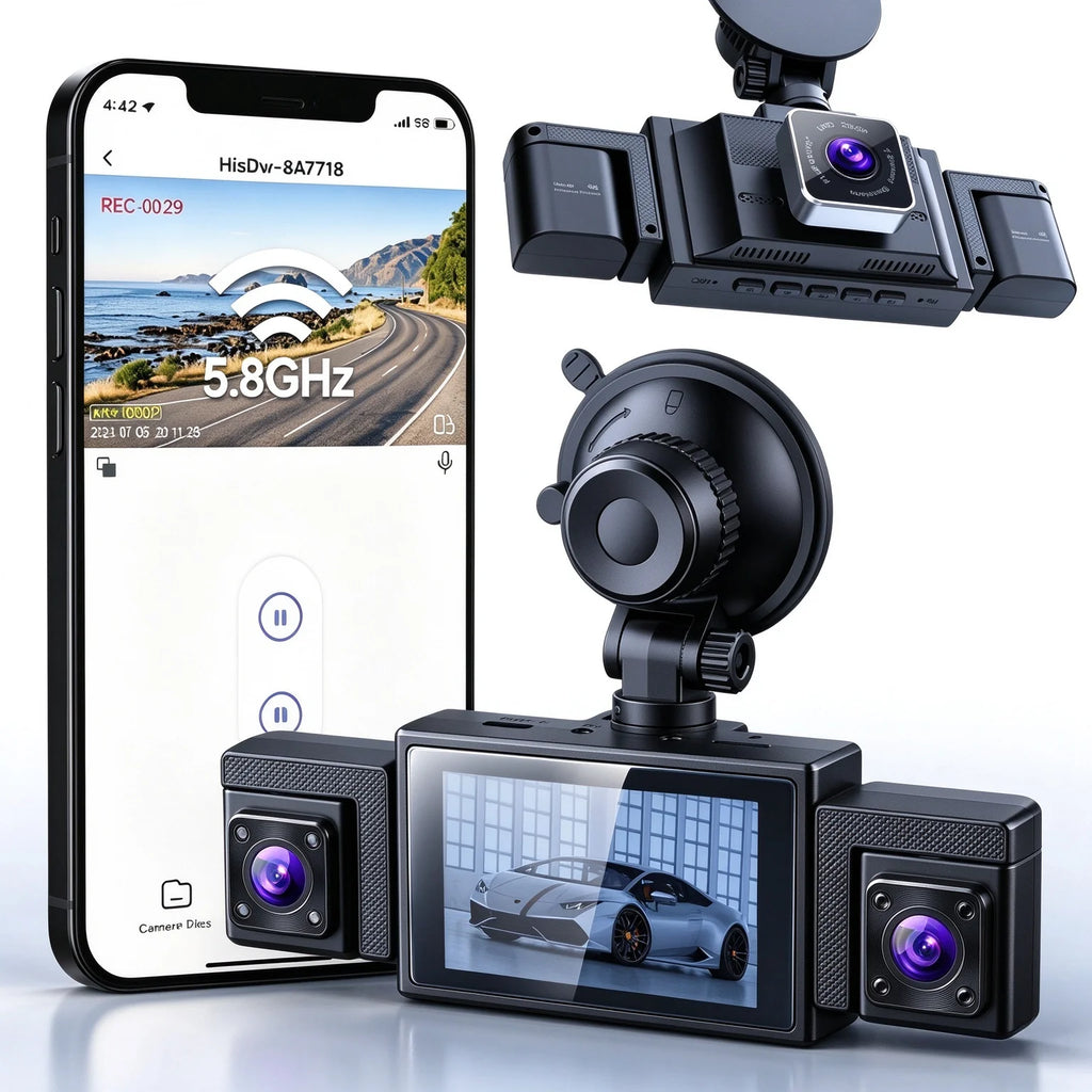 3 Channel Dash Cam for Cars, View 4K Front 1080P Inside NO TF Card, 5G WiFi & APP Control, IR Night Vision, G-Sensor, 24 Hours Parking Mode