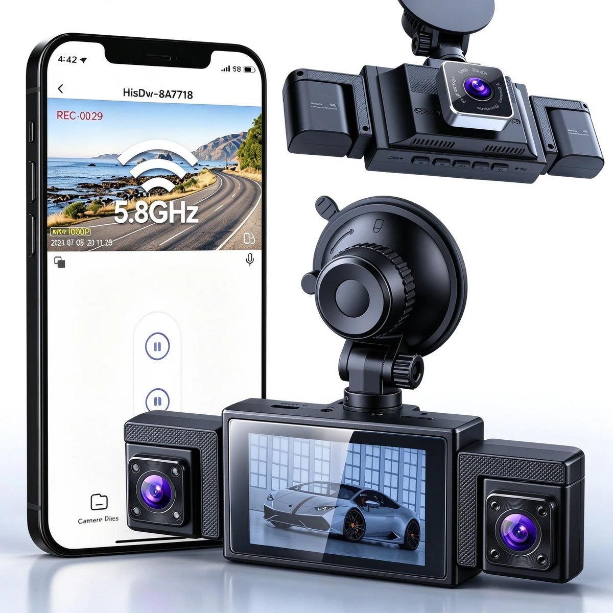 3 Channel Dash Cam for Cars, View 4K Front 1080P Inside NO TF Card, 5G WiFi & APP Control, IR Night Vision, G-Sensor, 24 Hours Parking Mode