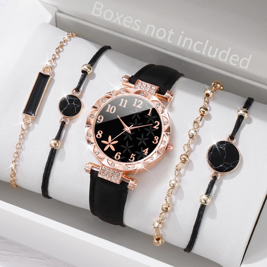 5/6PCS Fashion Rhinestone Women Watches Casual Leather Band Quartz Watch for Women Clock Jewelry Set Reloj Mujer（Without Box）