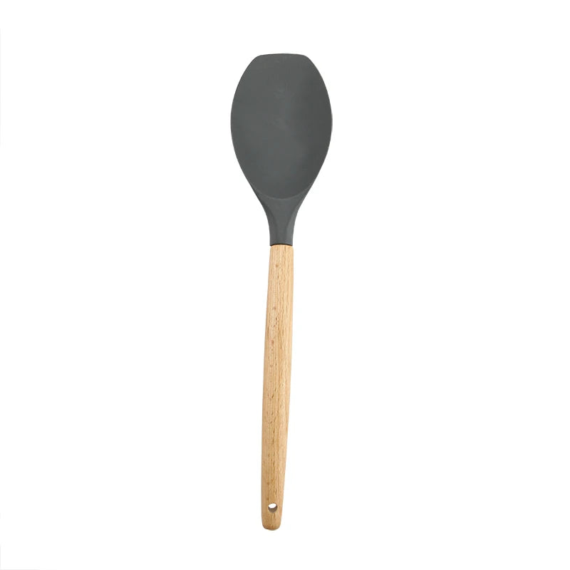High Temperature Resistant Silicone Kitchenware Set Wooden Handle Shovel Leaky Spoon Tool Cooking Utensil Baking Accessories
