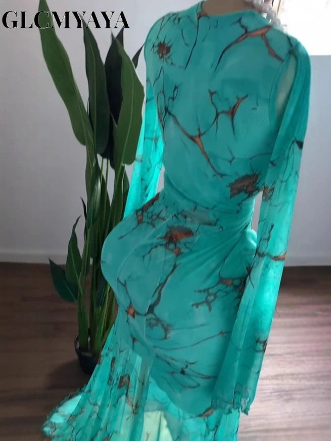 GLCMYAYA 2025 Fall Women O-neck Long Sleeve Print Mermaid Maxi Dress 2025 Evening Birthday Beach Sexy Night Party Long Dresses