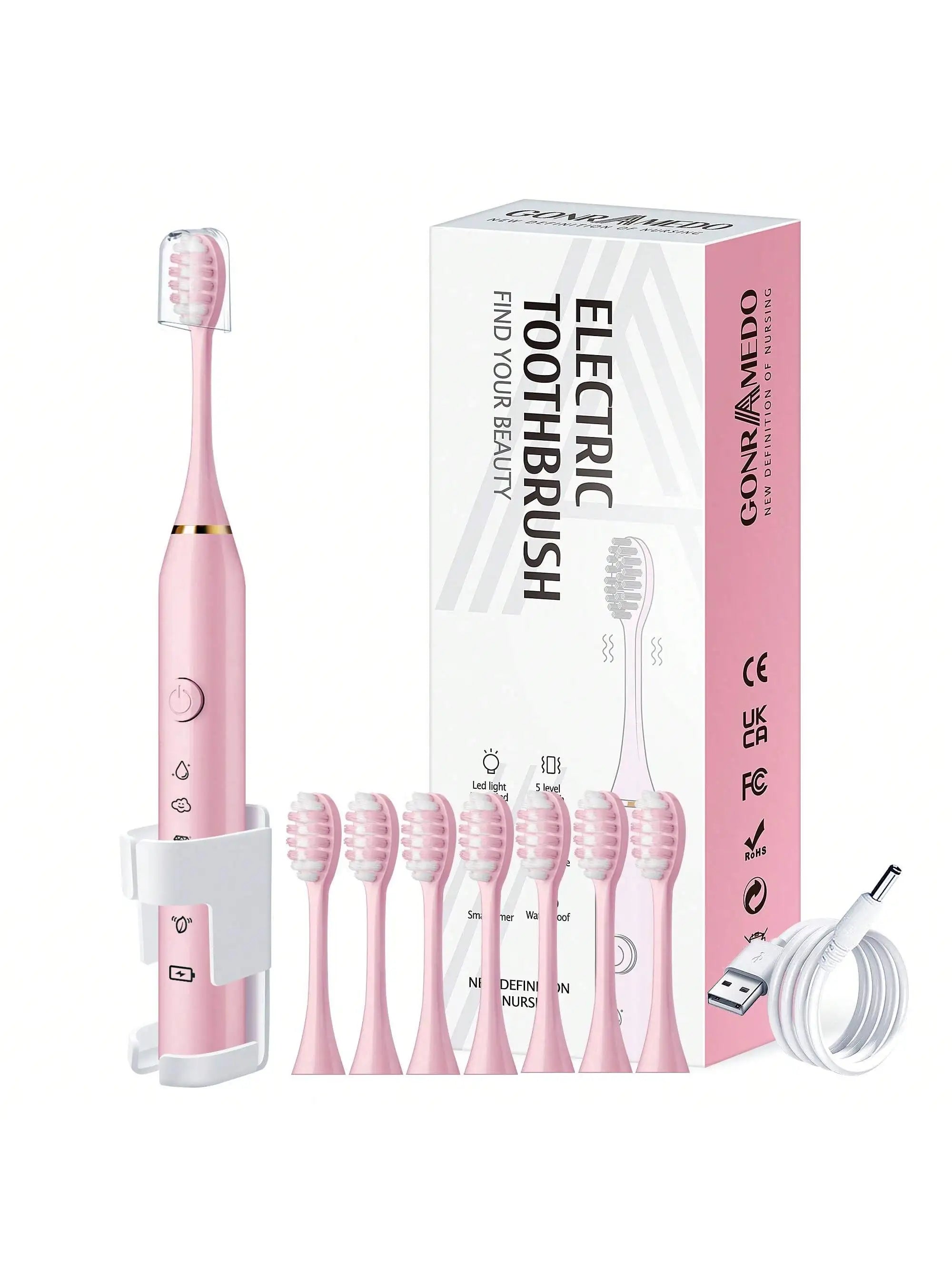 1PC Electric Toothbrush With 8 Replaceable Toothbrush Heads, A Wall-Mounted Bracket And A Dust Cover, USB Charging, 5-Speed Intelligent Cleaning Mode, Toothbrush Body, 7-Level Waterproof, Personal Oral Care Equipment Power To