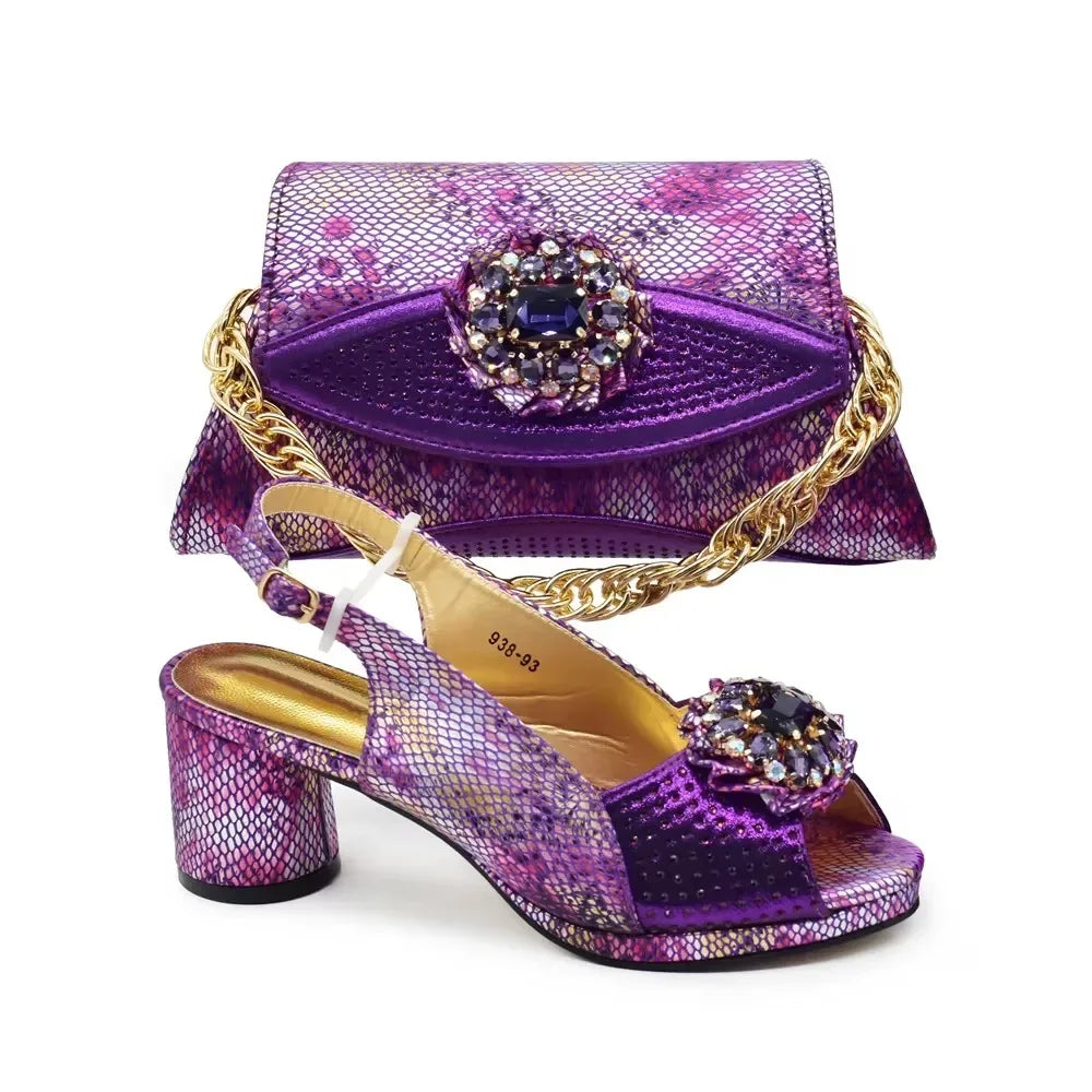 Italian Shoes and Bags Matching Set Decorated with Rhinestone Nigerian Heel Party for Women African Wedding Shoes with Bag