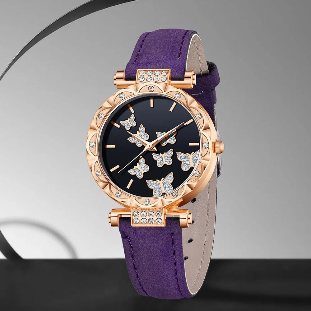 5PCS Purple Women's Watch Set Fashion Trend Butterfly Element Dial Quartz Watch Bracelet Necklace Earrings Set Holiday Gift