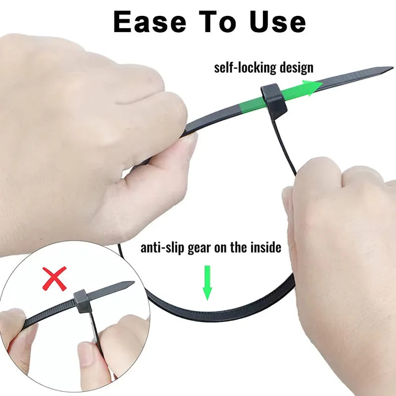 100 PCS Self-locking Plastic Nylon Tie Black Fastening Strap Cable-Tie-Set Cable Zip Tie Fastening Ring Zip Wraps Strap Tie