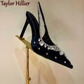 Spring New Pink Rhinestone Pumps Women'S Elegant Satin Stiletto High Heels Fashion Back Strap Luxury Dress Evening Pumps Sandals