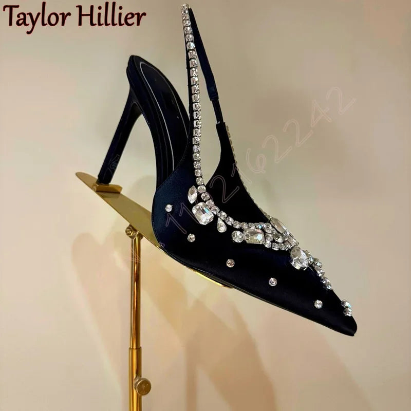 Spring New Pink Rhinestone Pumps Women'S Elegant Satin Stiletto High Heels Fashion Back Strap Luxury Dress Evening Pumps Sandals