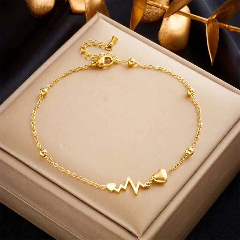 DIEYURO 316L Stainless Steel Heart Electrocardiogram Anklets For Women Girl New Trend Leg Chain Non-fading Jewelry Gift Party