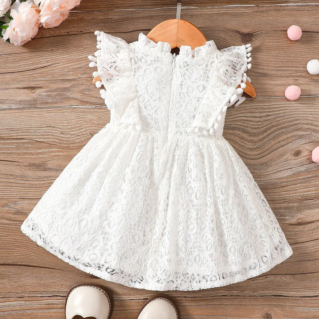 Summer New Baby Girl Solid Color Flying Sleeve Princess Dress Small Ball Lace Lace Cute Dress