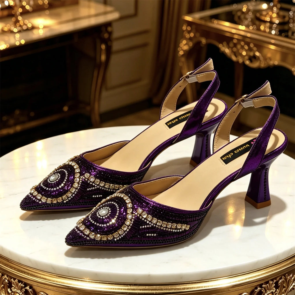 Elegant Purple Pointed Pumps Decoration Wavy Rhinestone Evening Bag For Wedding Women Heels Shoes Matching Bag Heels