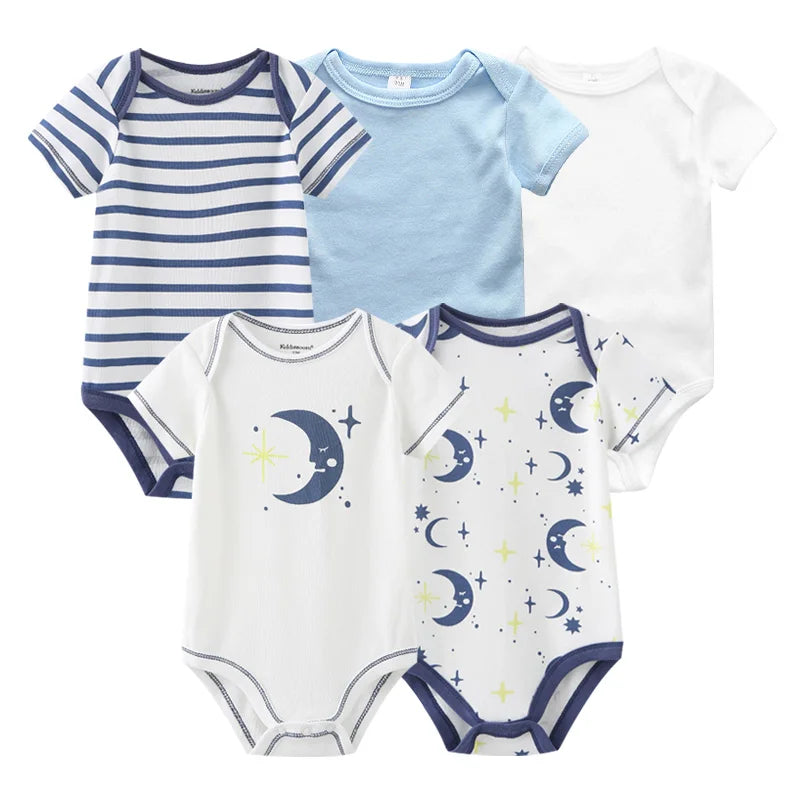 Newborn Bodysuits Unisex 5Pieces Baby Girl Clothes Solid Color Cotton Baby Boy Clothes Set Cartoon Print Summer Bebes