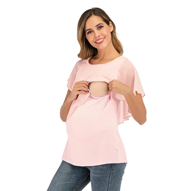 Women Short Sleeve Wrap Nursing T-Shirts Double Layer Blouse Tops Soft Breathable Pregnancy Maternity Tees Breastfeeding Moms