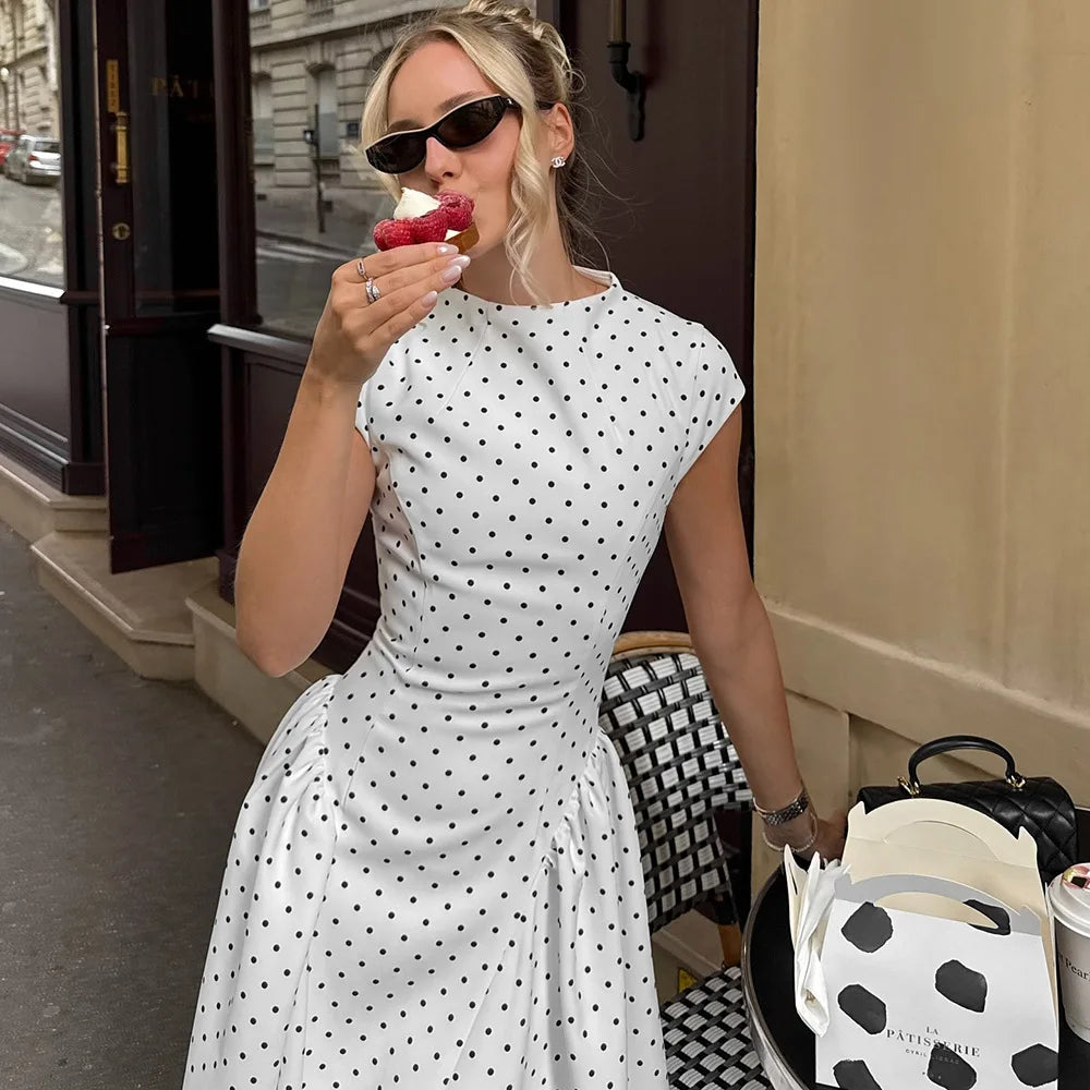 Elegant Polka Dot Long Dress Women's High Waist A-line Maxi Dresses Evening Party Summer Holiday Resort Blue Black Green White